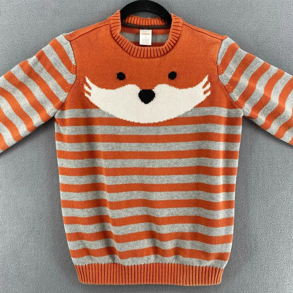 Gymboree Crew Neck‎ Fox Striped Sweater Kids 12 Orange Pullover Cotton Whimsy
